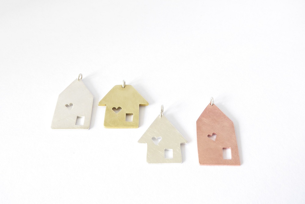 Sterling silver, brass and copper house pendant